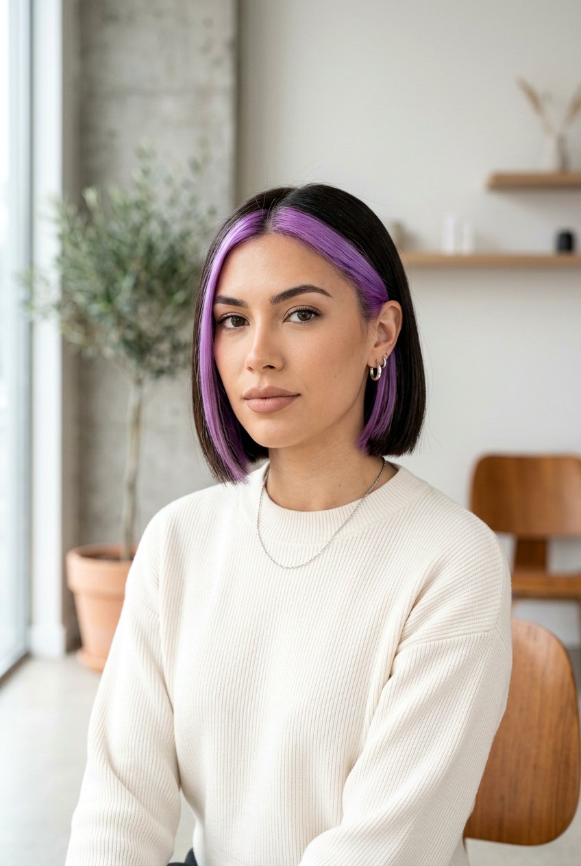Bright Lilac Money Piece With Bob Haircut - 20 lilac money piece on dark hair - 20 lilac money piece on dark hair