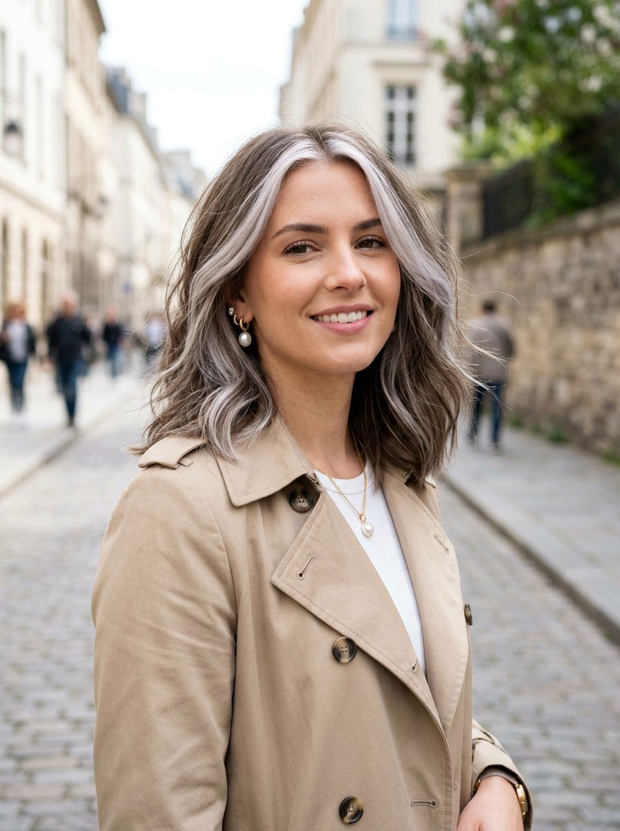 Bright Pearl Money Piece on Ash Brown - 20 silver money piece for gray transition - 20 silver money piece for gray transition