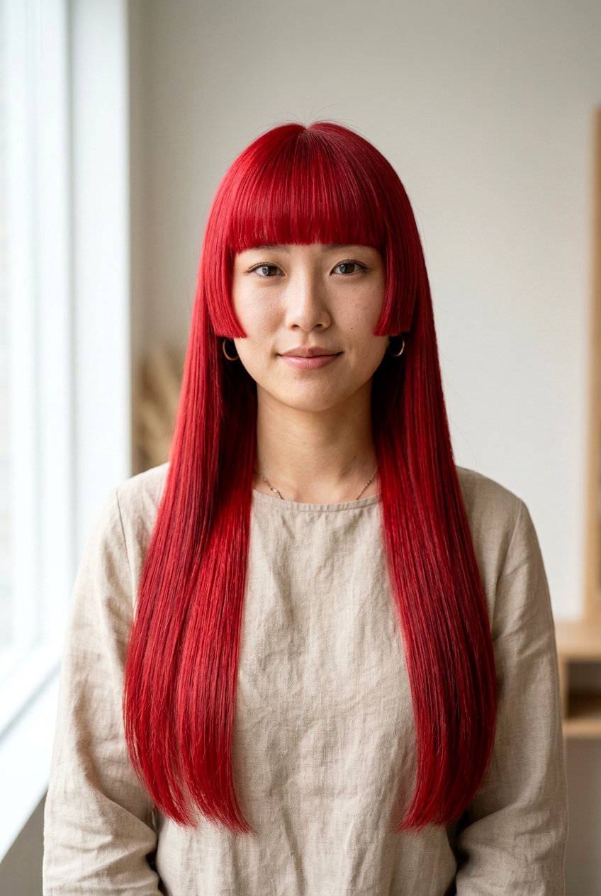 Bright Red Long Hime Cut - 20 hime cut with long hair - 20 hime cut with long hair