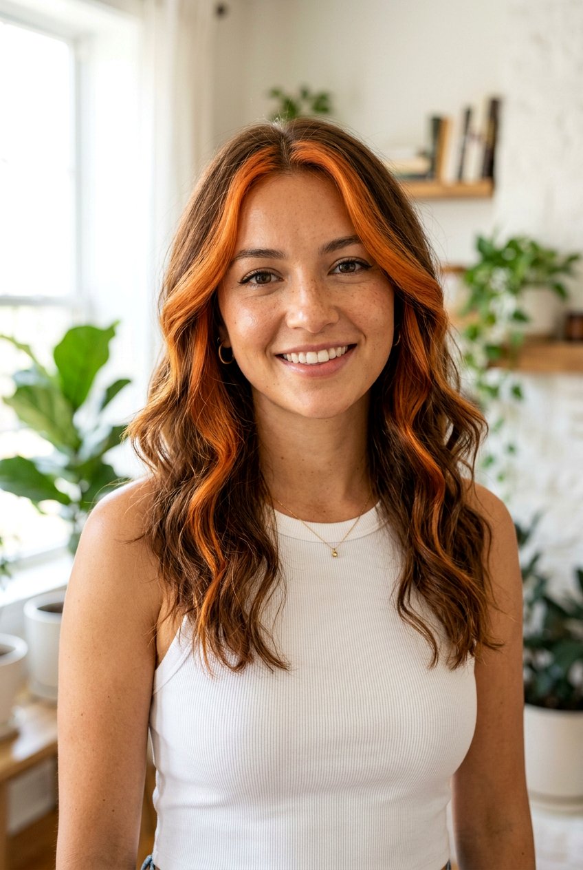 Bright ginger money piece on brown hair - 20 ginger spice balayage on brunette hair - 20 ginger spice balayage on brunette hair