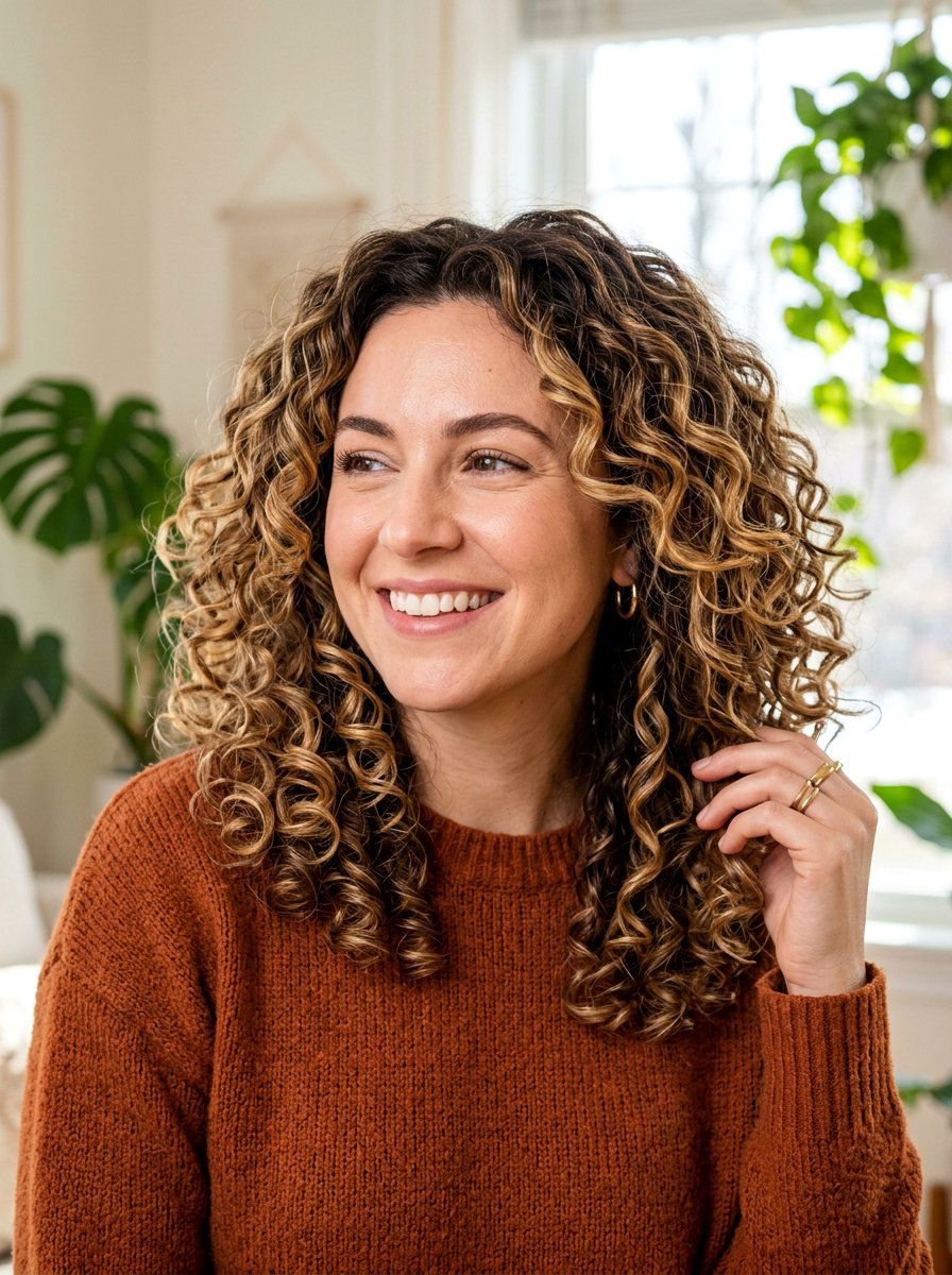 Bronde Highlights With Root Smudge on Curly Hair - 20 toasted bronde highlights - 20 toasted bronde highlights