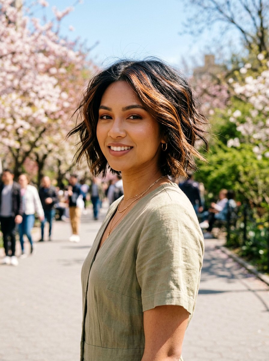 Bronze Highlights On Black Textured Bob - 20 subtle highlights for dark black hair - 20 subtle highlights for dark black hair