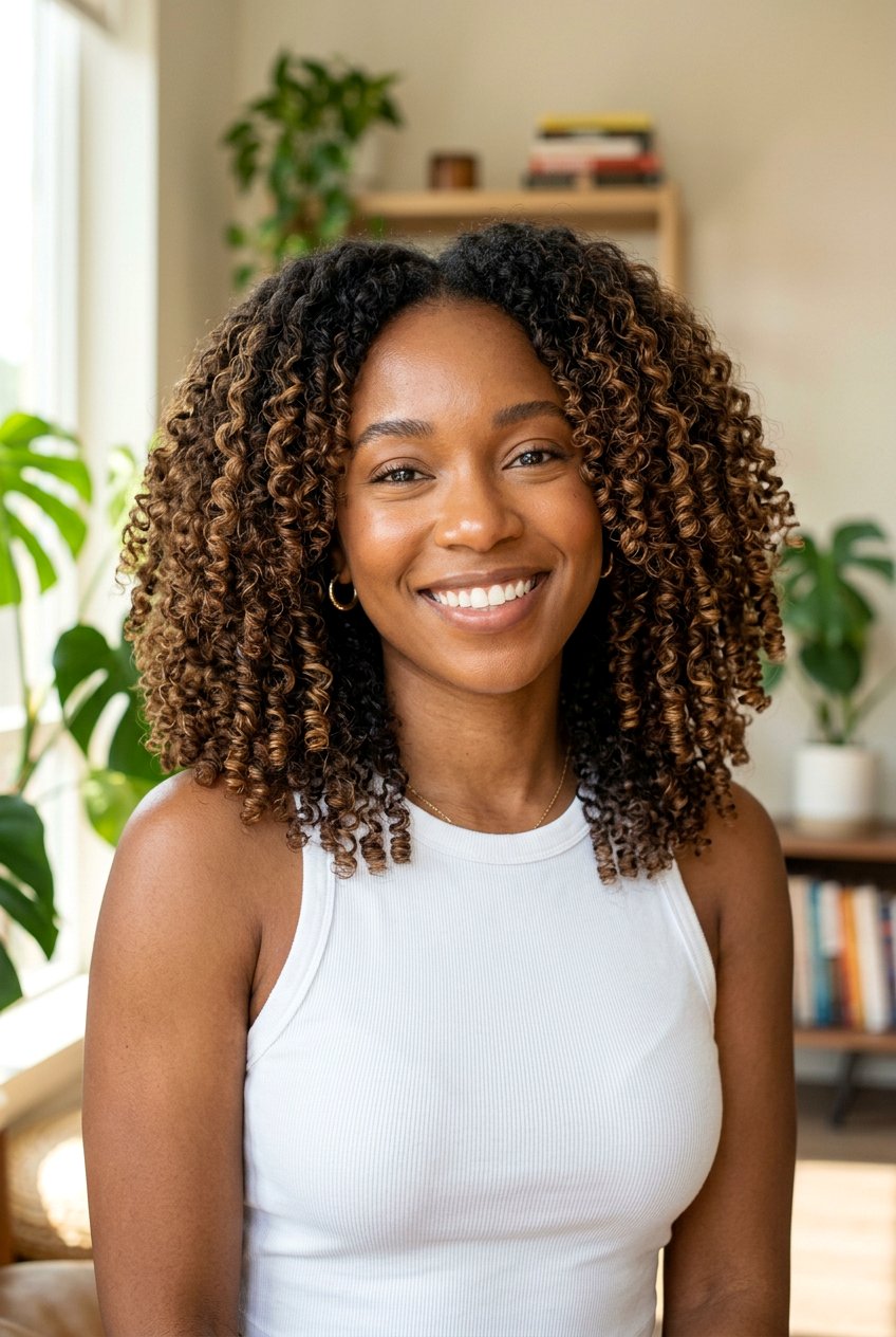 Brown Balayage On Natural Black Curls - 20 glossy brown black balayage - 20 glossy brown black balayage