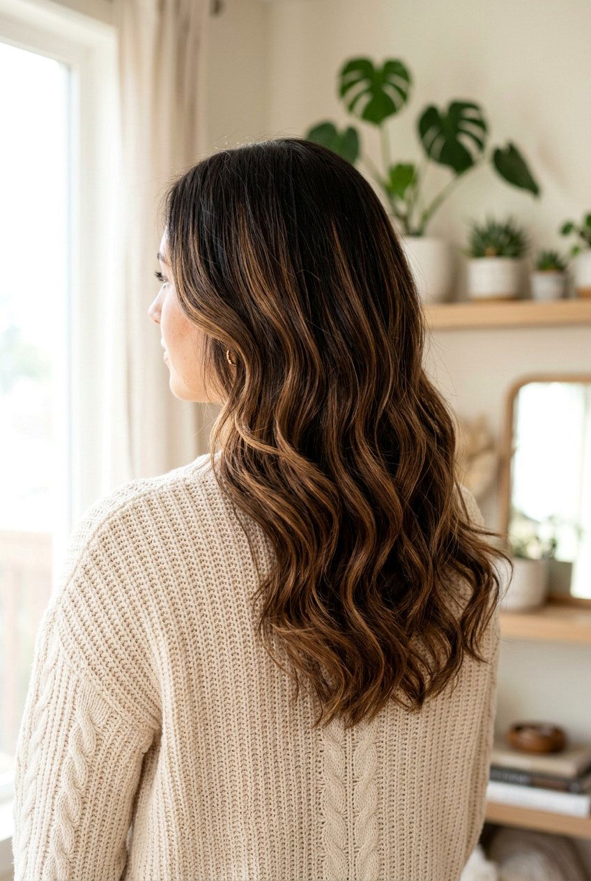 Brown Balayage On Wavy Dark Hair - 20 glossy brown black balayage - 20 glossy brown black balayage