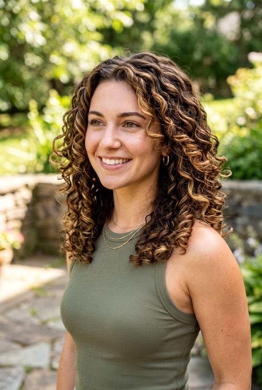 Brown Curly Hair With Golden Highlights - 20 blended highlights on brown hair - 20 blended highlights on brown hair