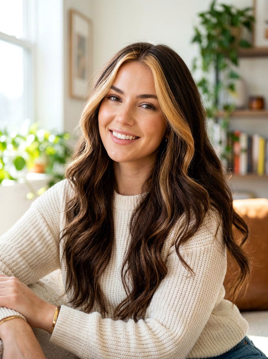 Brown Hair With Blonde Skunk Stripe Money Piece - 20 skunk stripe money piece hair - 20 skunk stripe money piece hair