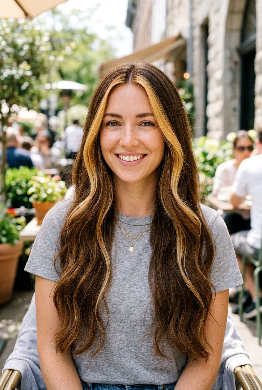 Brown Hair With Golden Face Framing Highlights - 20 blended highlights on brown hair - 20 blended highlights on brown hair