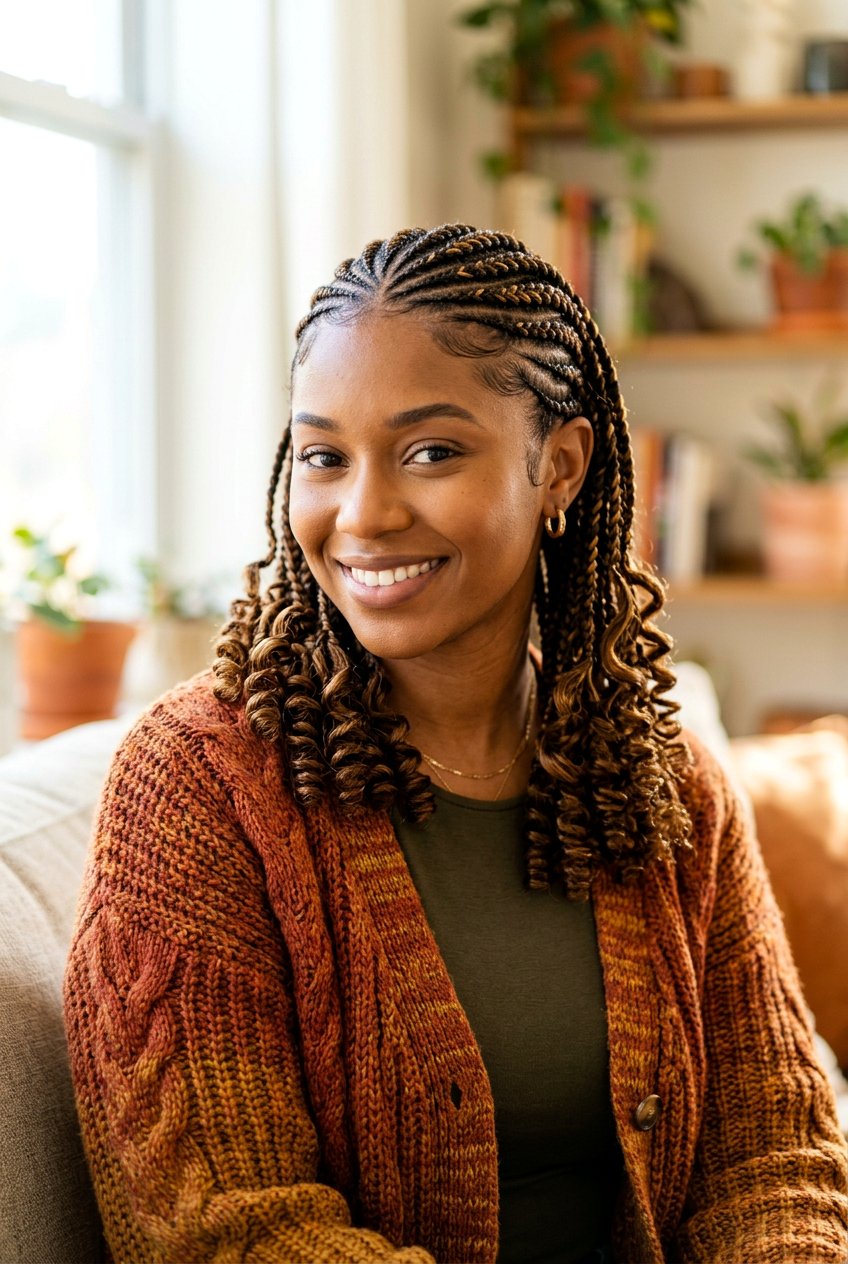 Brown Highlighted Cornrows With Ringlet Ends - 20 straight back cornrows with curly ends - 20 straight back cornrows with curly ends