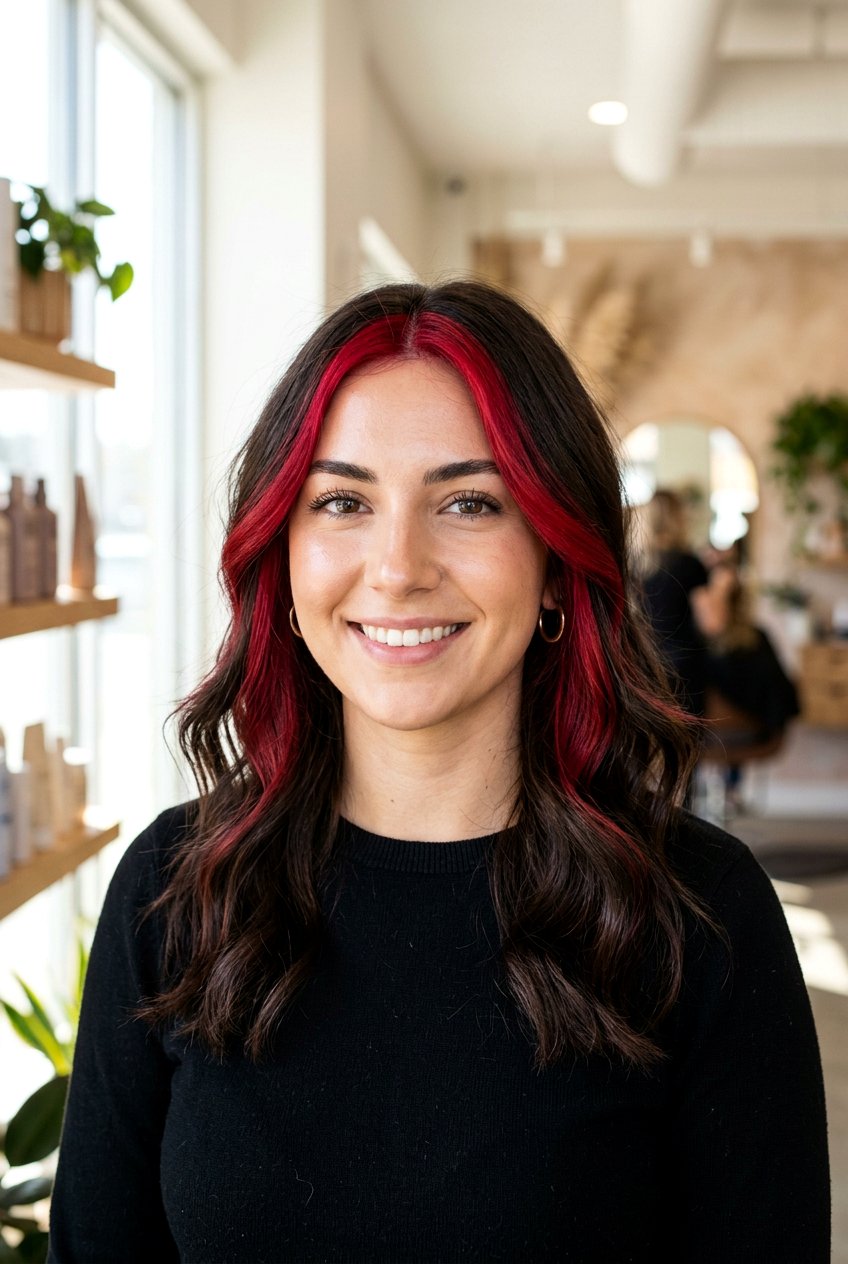 Brown hair with cherry red money piece - 20 brown hair with red highlights - 20 brown hair with red highlights