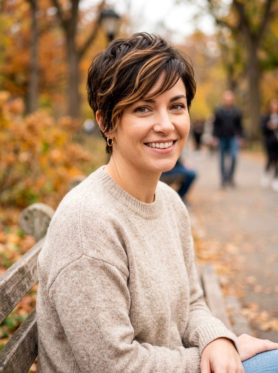 Brunette Balayage Pixie - 20 dimensional pixie hair color ideas - 20 dimensional pixie hair color ideas