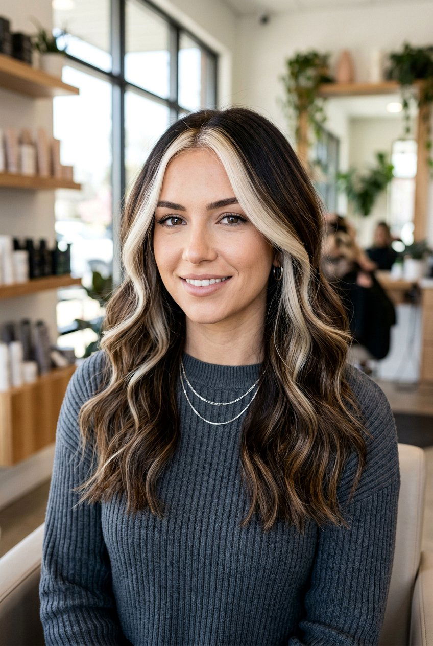 Brunette Balayage with Icy Blonde Money Piece - 20 money piece with balayage - 20 money piece with balayage