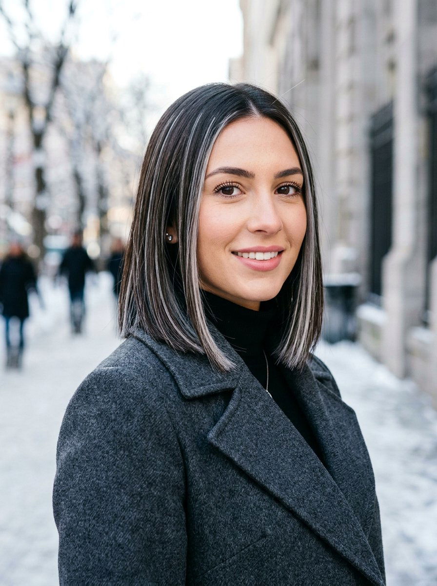 Brunette Blunt Cut With Icy Strands - 20 winter brunette with cool highlights - 20 winter brunette with cool highlights