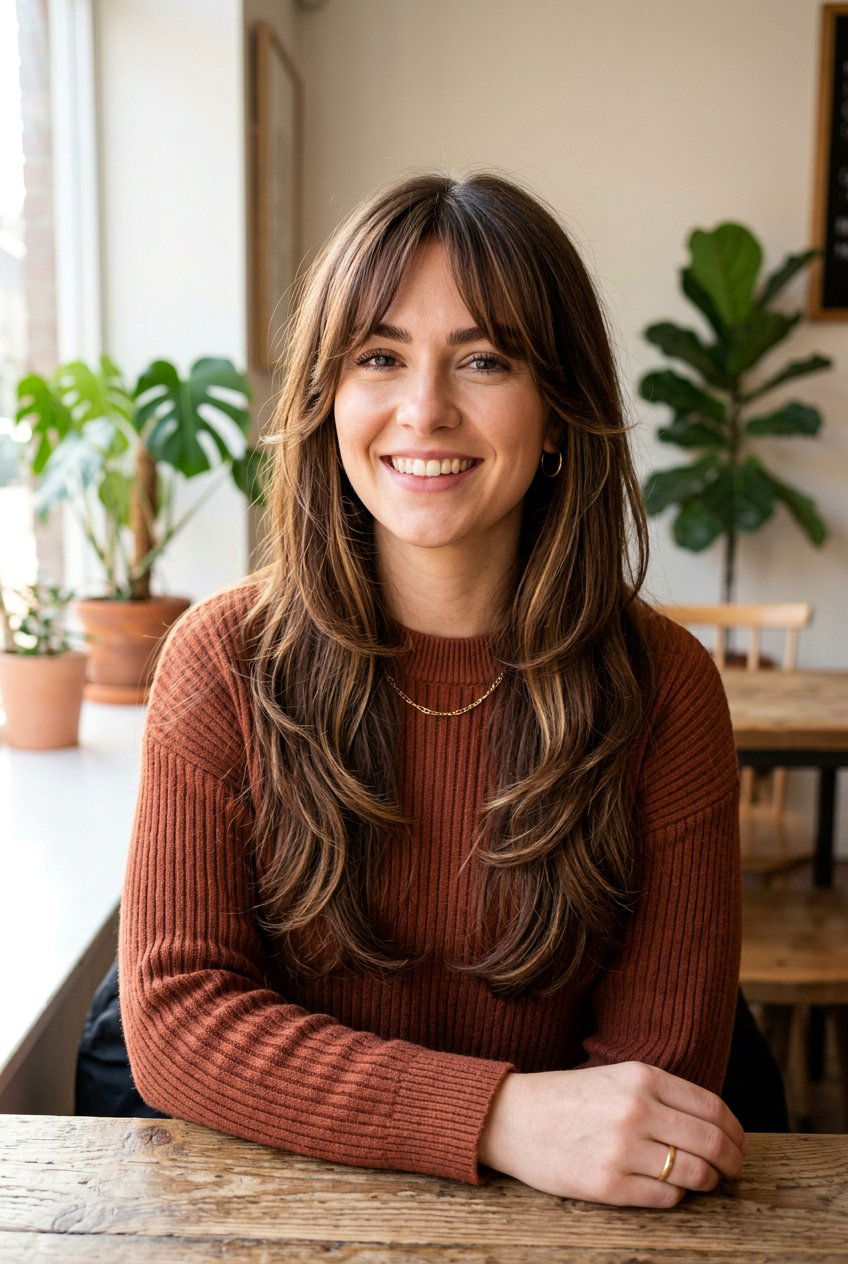 Brunette Curtain Bangs Haircut with Layers - 20 brunette hair makeover ideas - 20 brunette hair makeover ideas