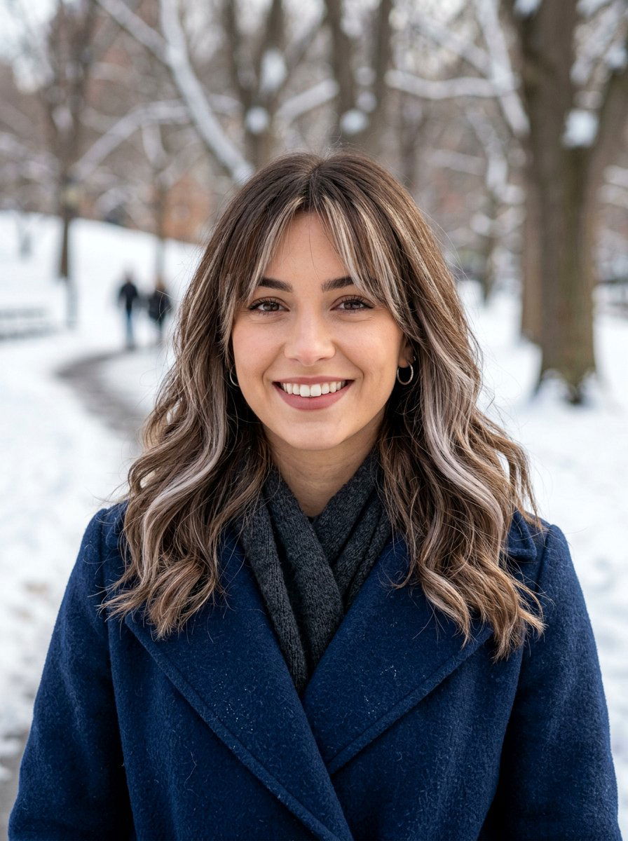 Brunette Curtain Bangs With Cool Blonde Accents - 20 winter brunette with cool highlights - 20 winter brunette with cool highlights