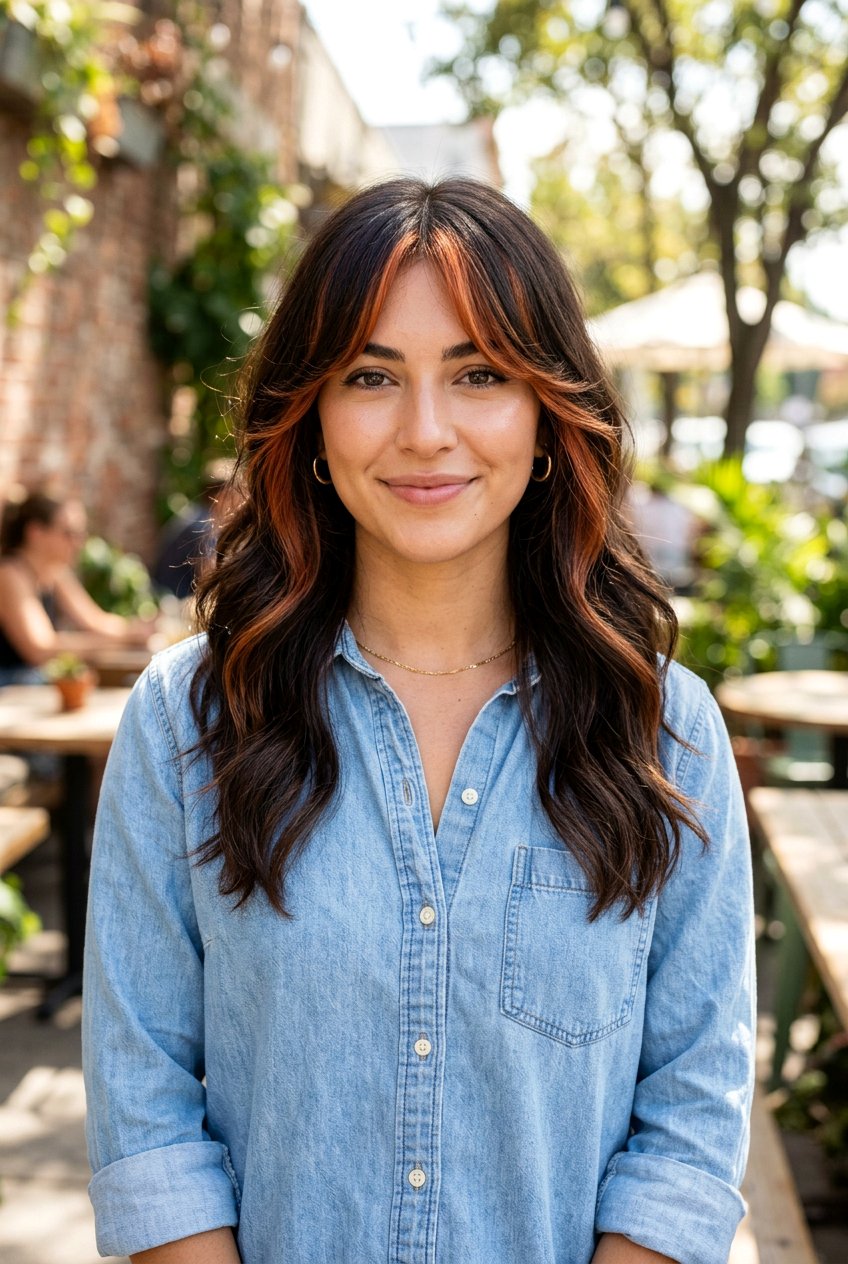 Brunette Curtain Bangs With Copper Money Piece - 20 brunette hair with copper money piece - 20 brunette hair with copper money piece