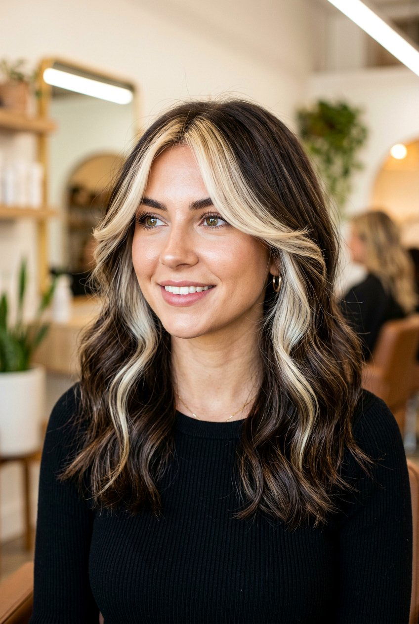 Brunette Curtain Bangs with Blonde Money Piece - 20 brunette hair with blonde money piece - 20 brunette hair with blonde money piece