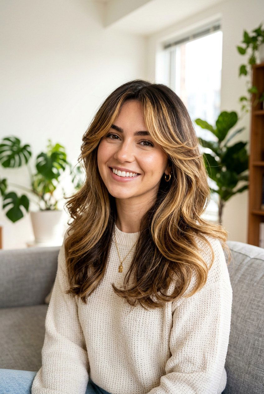 Brunette Curtain Bangs with Honey Balayage - 20 brunette hair with honey balayage - 20 brunette hair with honey balayage