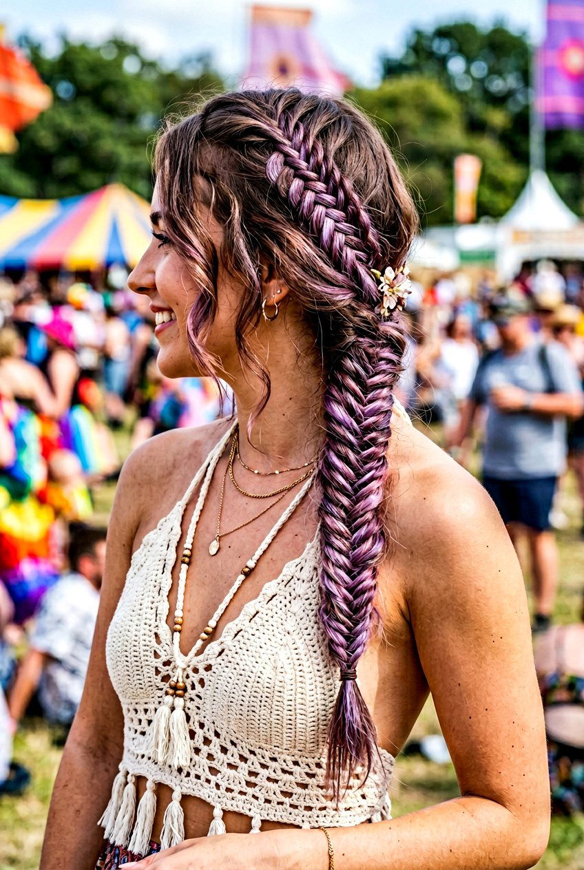 Brunette Fishtail Braid With Mauve Balayage - 20 mauve balayage on brunette hair - 20 mauve balayage on brunette hair