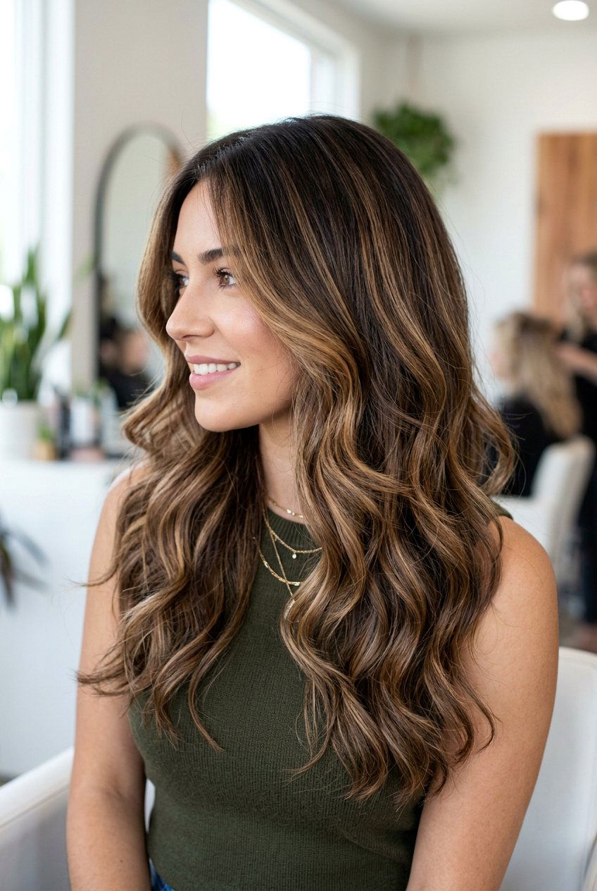 Brunette Hair With Caramel Balayage Layers - 20 caramel face framing highlights on brunette hair - 20 caramel face framing highlights on brunette hair