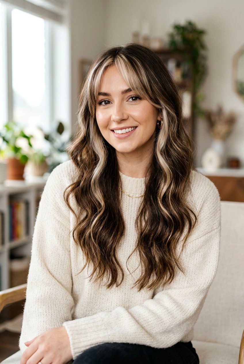 Brunette Hair With Platinum Money Piece And Curtain Bangs - 20 brunette hair with platinum money piece - 20 brunette hair with platinum money piece