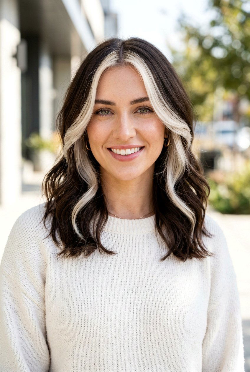 Brunette Hair With Platinum Money Piece And Face Framing Layers - 20 brunette hair with platinum money piece - 20 brunette hair with platinum money piece