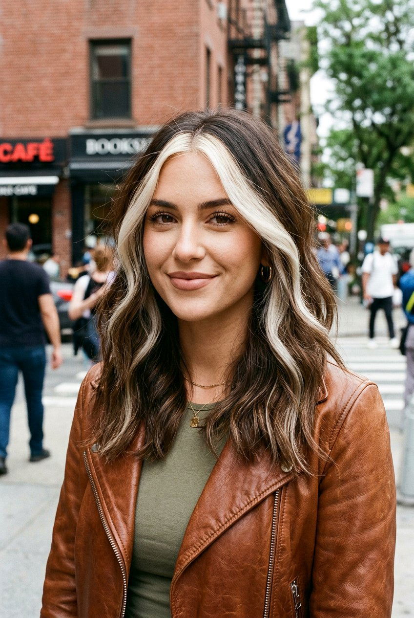 Brunette Hair With Platinum Money Piece And Root Shadow - 20 brunette hair with platinum money piece - 20 brunette hair with platinum money piece