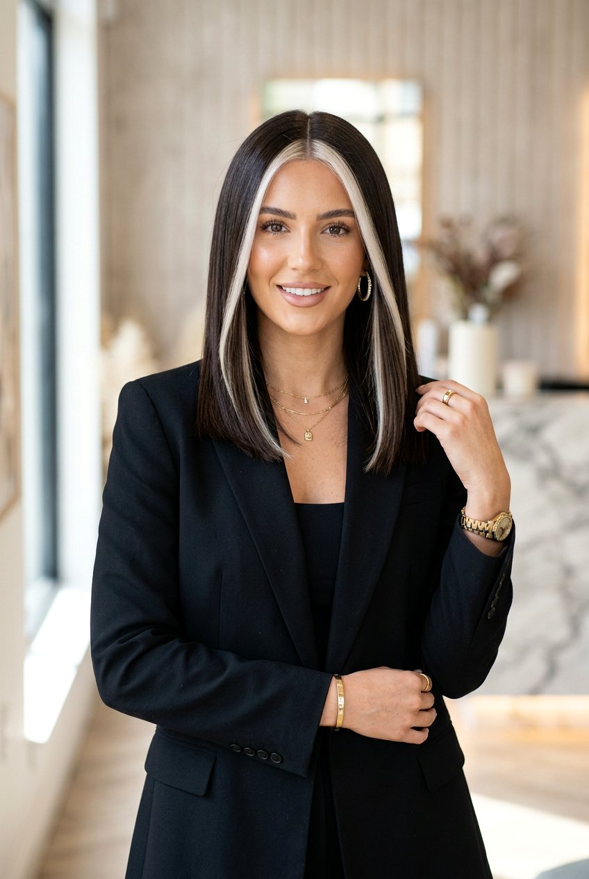 Brunette Hair With Platinum Money Piece And Sleek Glass Finish - 20 brunette hair with platinum money piece - 20 brunette hair with platinum money piece