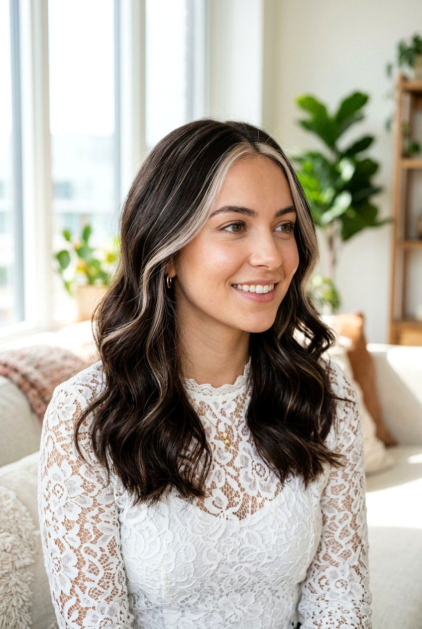 Brunette Hair With Thin Platinum Money Piece Highlights - 20 brunette hair with platinum money piece - 20 brunette hair with platinum money piece