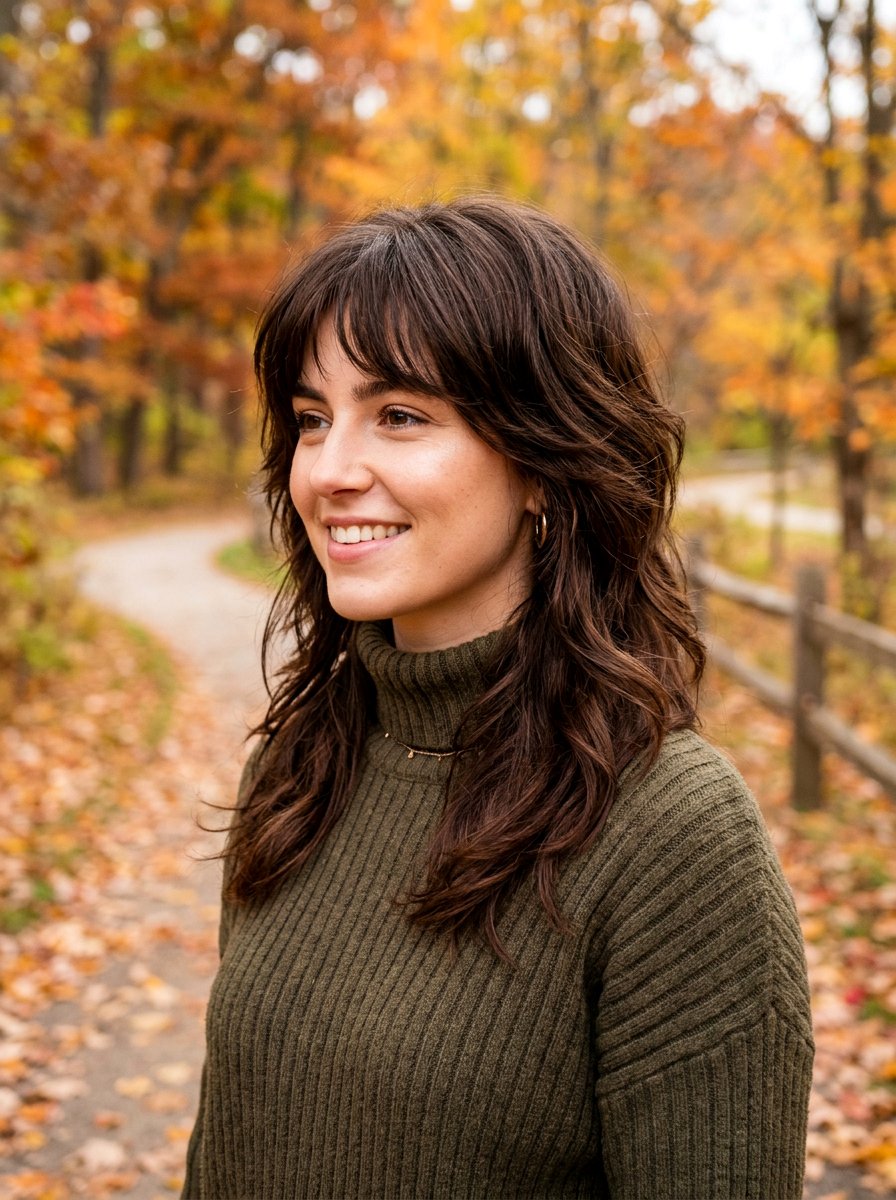 Brunette Layered Wolf Cut With Soft Bangs - 20 layered wolf cut with soft bangs - 20 layered wolf cut with soft bangs