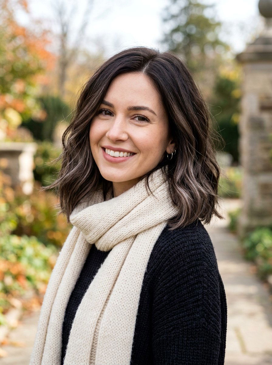 Brunette Lob With Icy Brown Lowlights - 20 winter brunette with cool highlights - 20 winter brunette with cool highlights