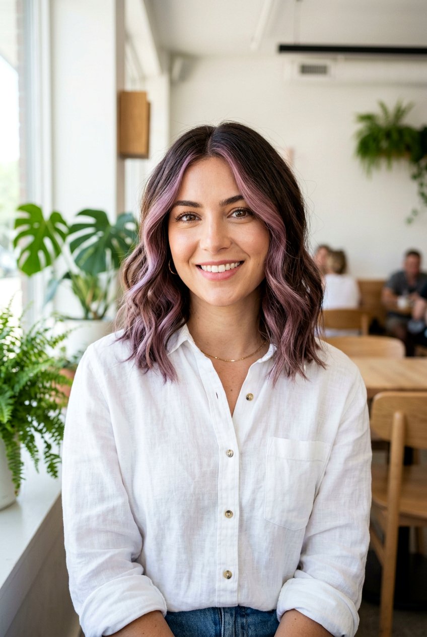 Brunette Lob With Mauve Balayage - 20 mauve balayage on brunette hair - 20 mauve balayage on brunette hair