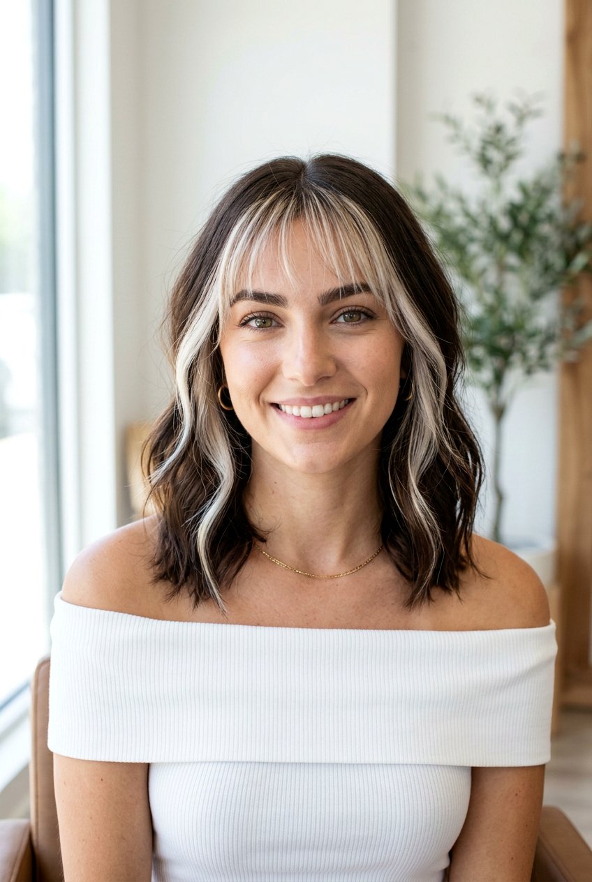 Brunette Lob With Platinum Money Piece And Wispy Bangs - 20 brunette hair with platinum money piece - 20 brunette hair with platinum money piece