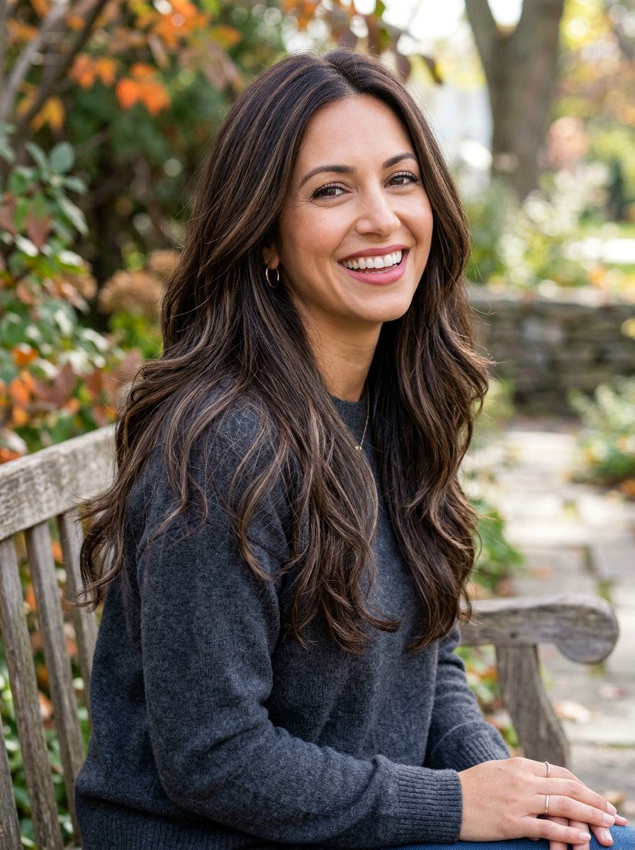 Brunette Long Layers With Cool Espresso Highlights - 20 winter brunette with cool highlights - 20 winter brunette with cool highlights