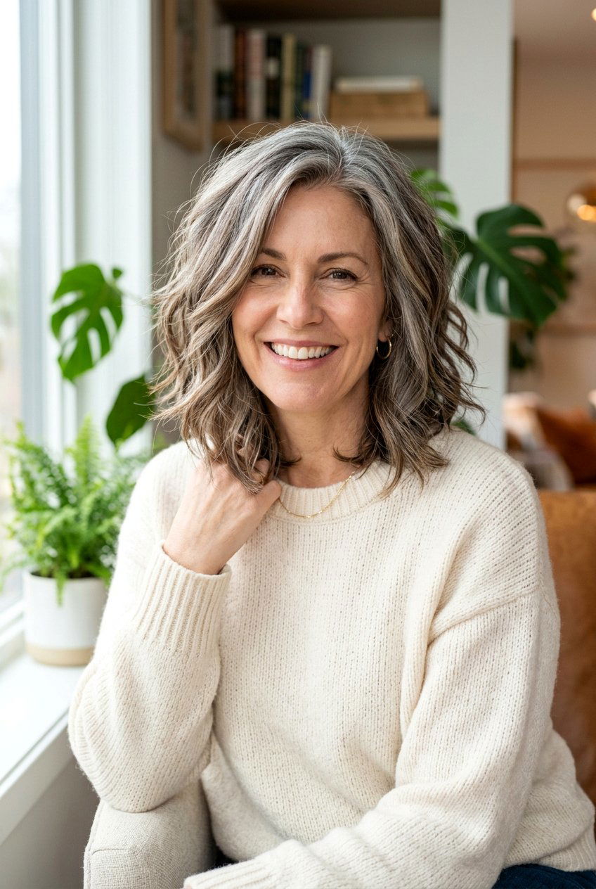 Brunette Lowlights On Layered Gray Lob - 20 brunette lowlights for gray hair - 20 brunette lowlights for gray hair