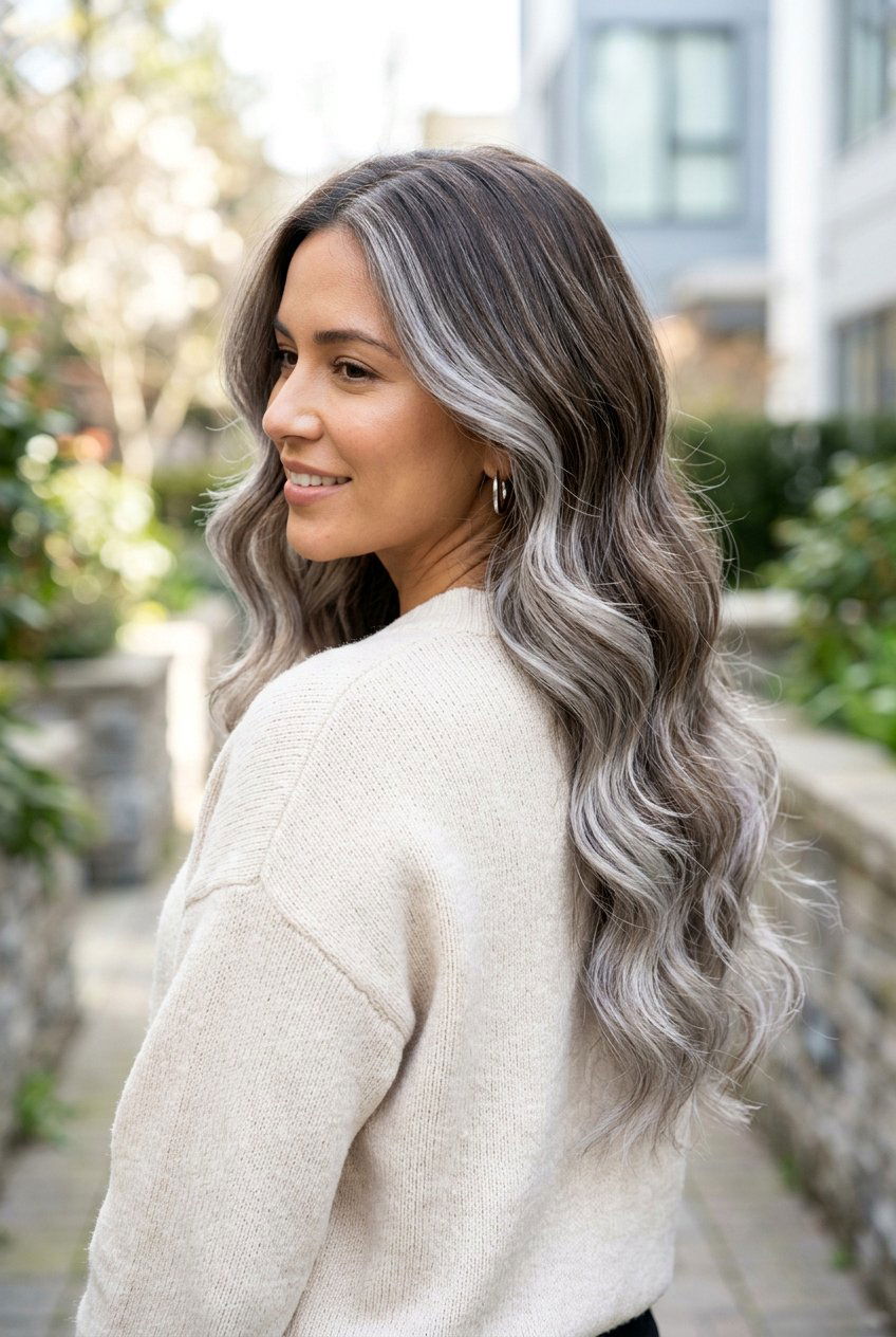Brunette Lowlights With Silver Gray Balayage - 20 brunette lowlights for gray hair - 20 brunette lowlights for gray hair