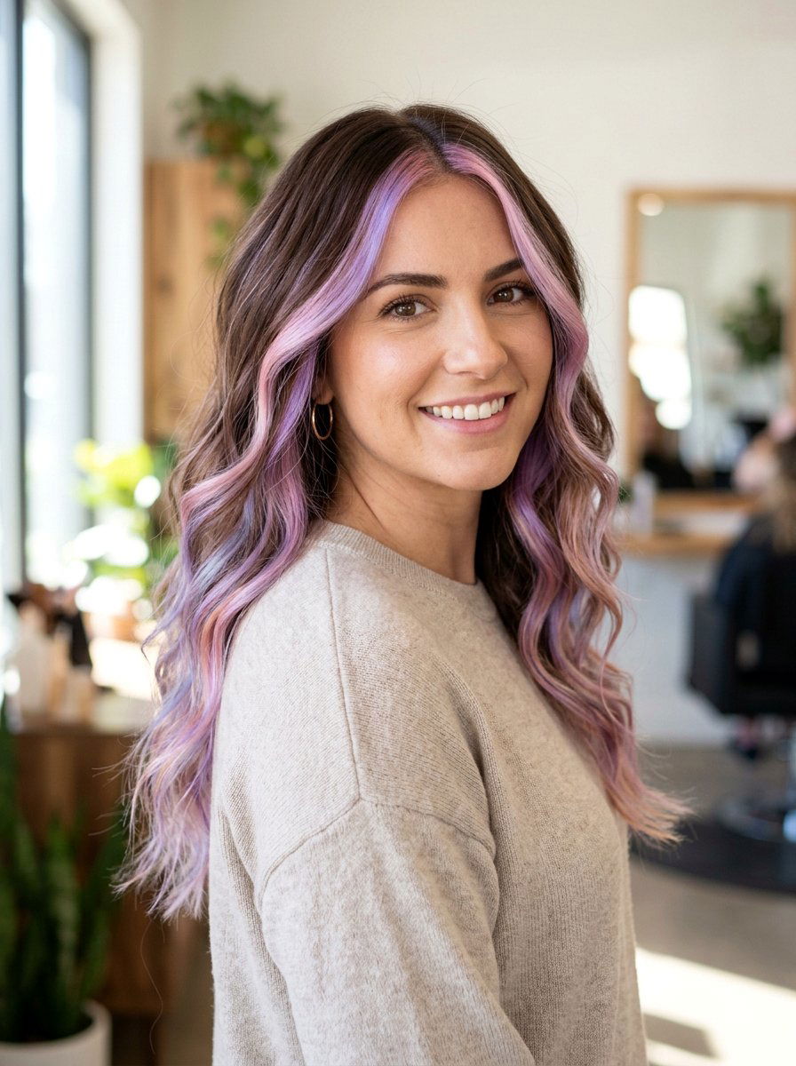 Brunette Opal Balayage With Face Framing Pastel Pieces - 20 opal balayage hair - 20 opal balayage hair