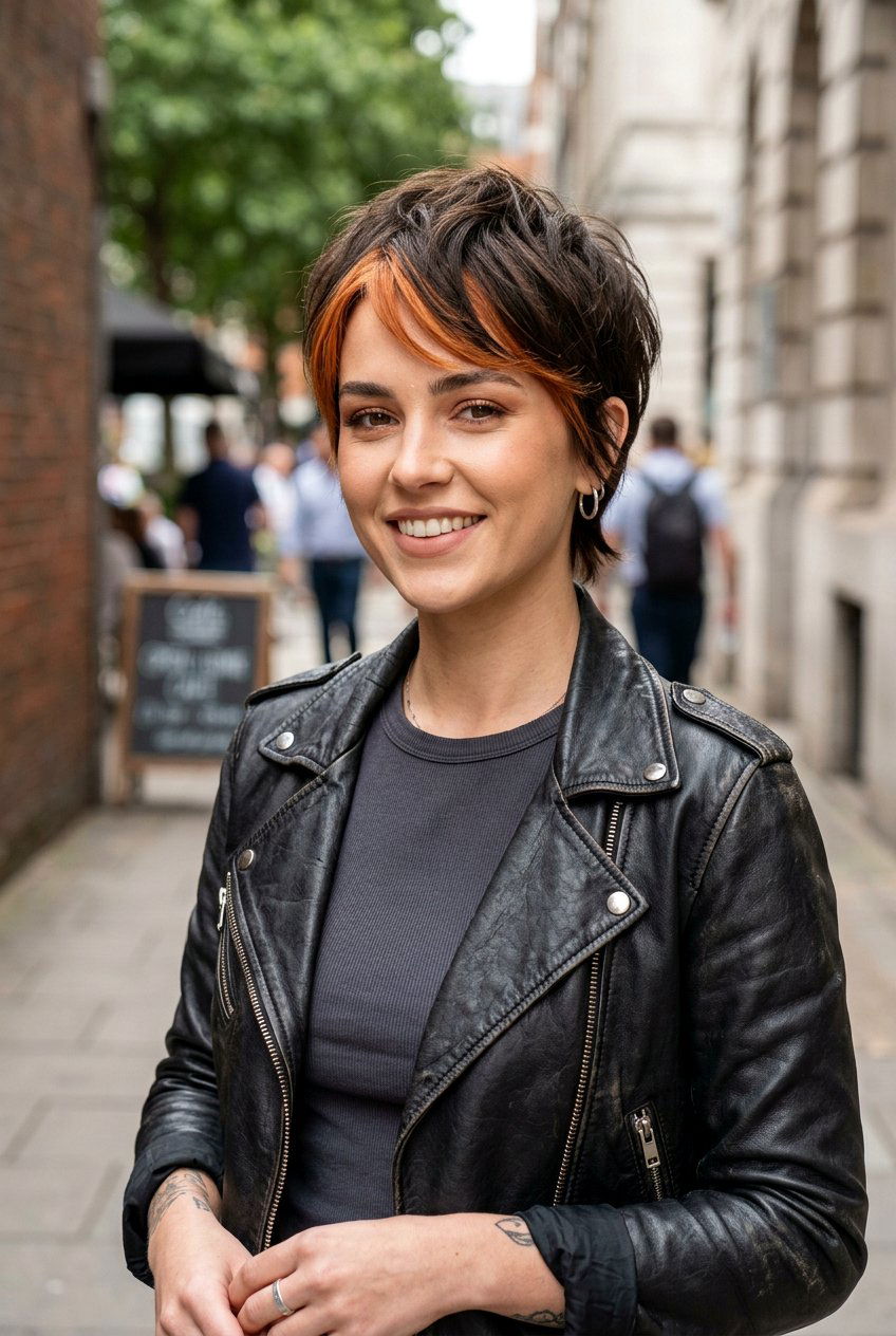 Brunette Pixie Cut With Copper Money Piece - 20 brunette hair with copper money piece - 20 brunette hair with copper money piece