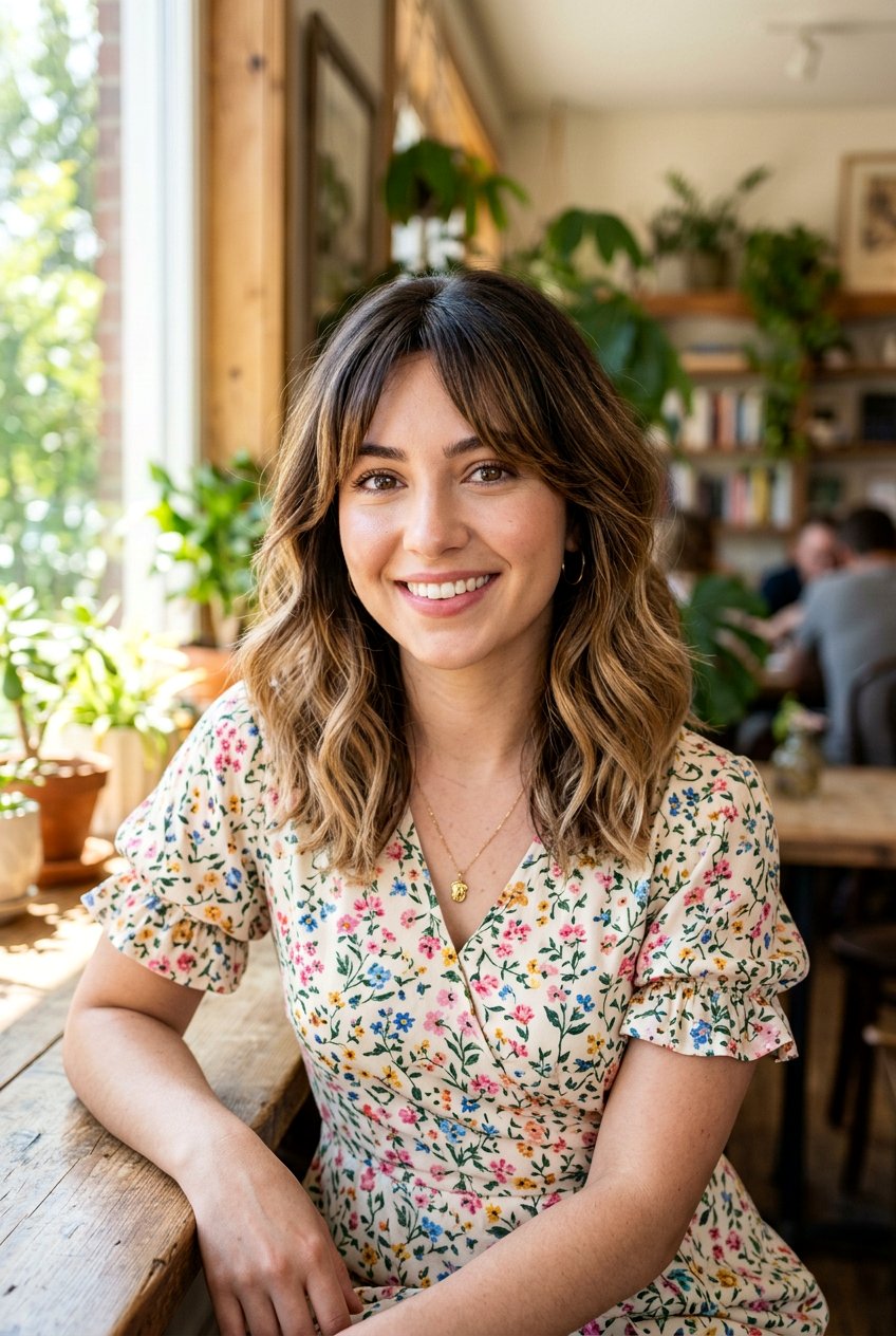 Brunette Root Melt Layered Lob With Curtain Bangs - 20 brunette root melt for layered lob - 20 brunette root melt for layered lob