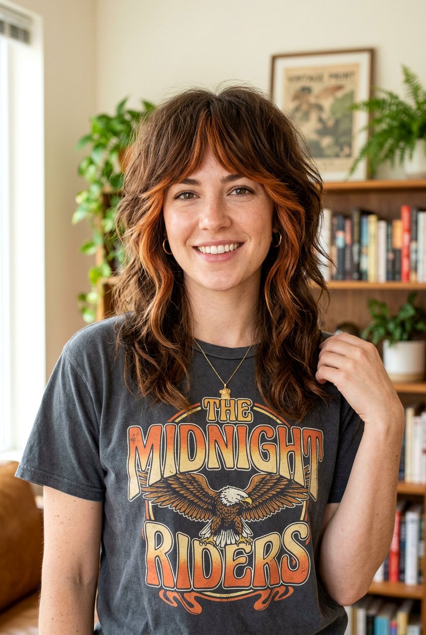 Brunette Shag Haircut With Copper Money Piece - 20 brunette hair with copper money piece - 20 brunette hair with copper money piece