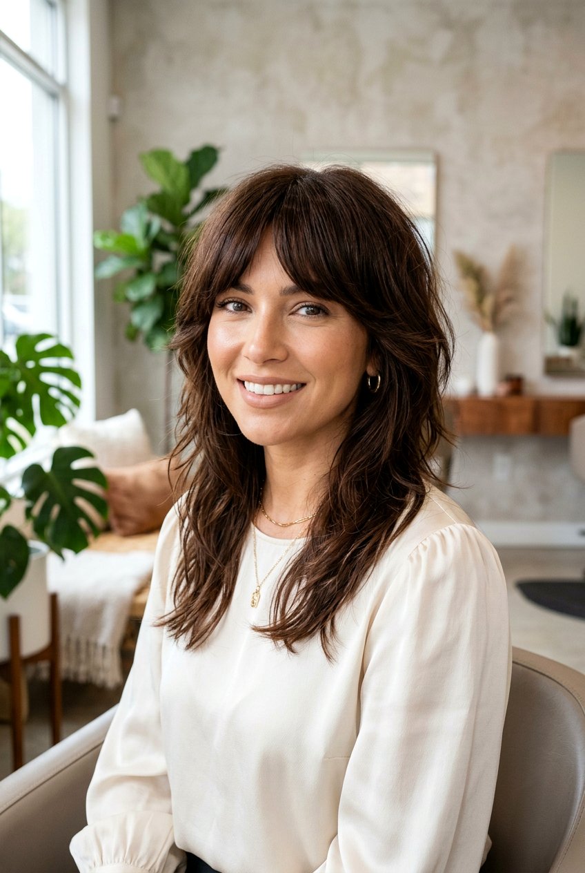 Brunette Shag With Bottleneck Fringe - 20 shag haircut with bottleneck bangs - 20 shag haircut with bottleneck bangs