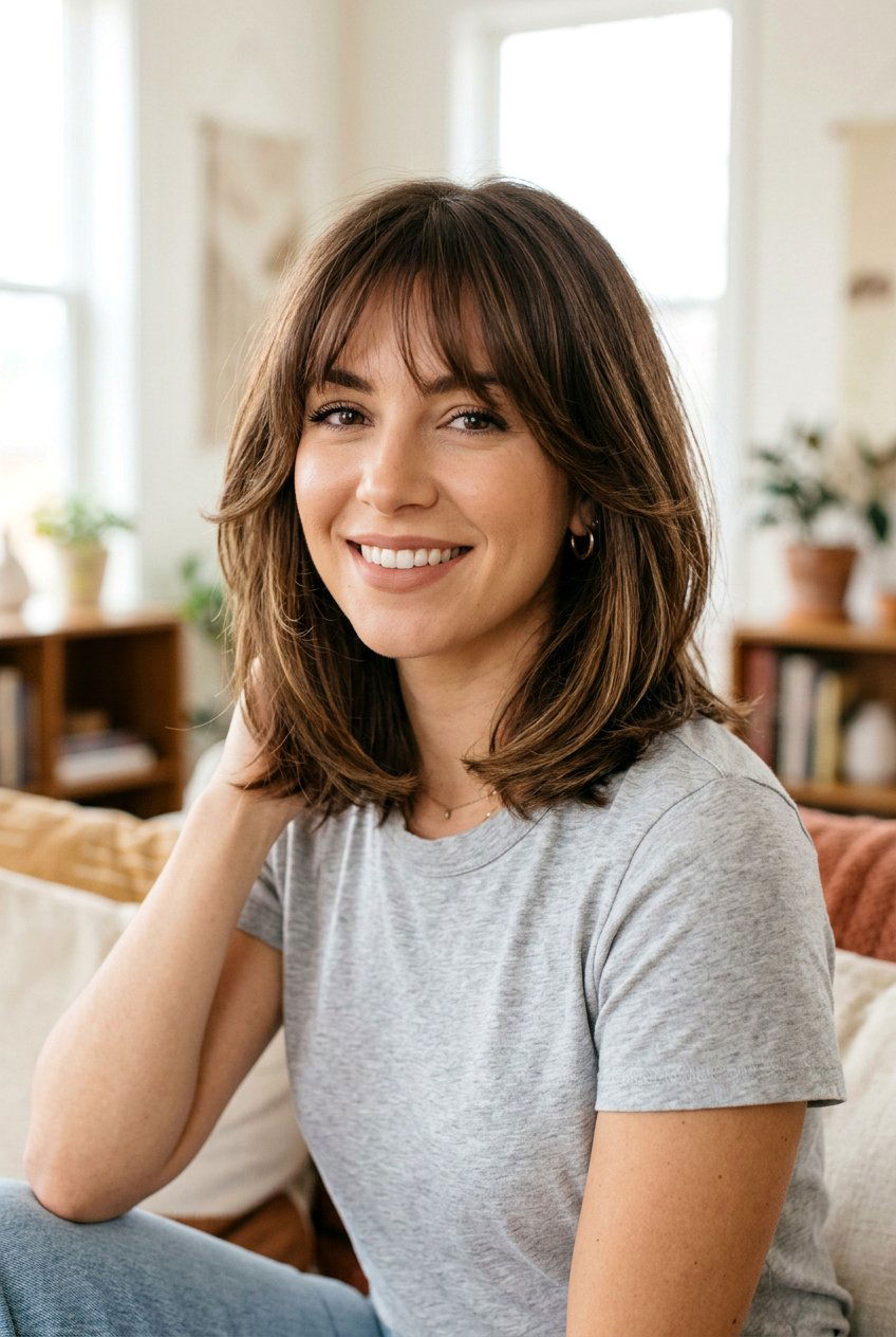 Brunette Shoulder Length Haircut With Wispy Bangs - 20 shoulder length haircut with wispy bangs - 20 shoulder length haircut with wispy bangs