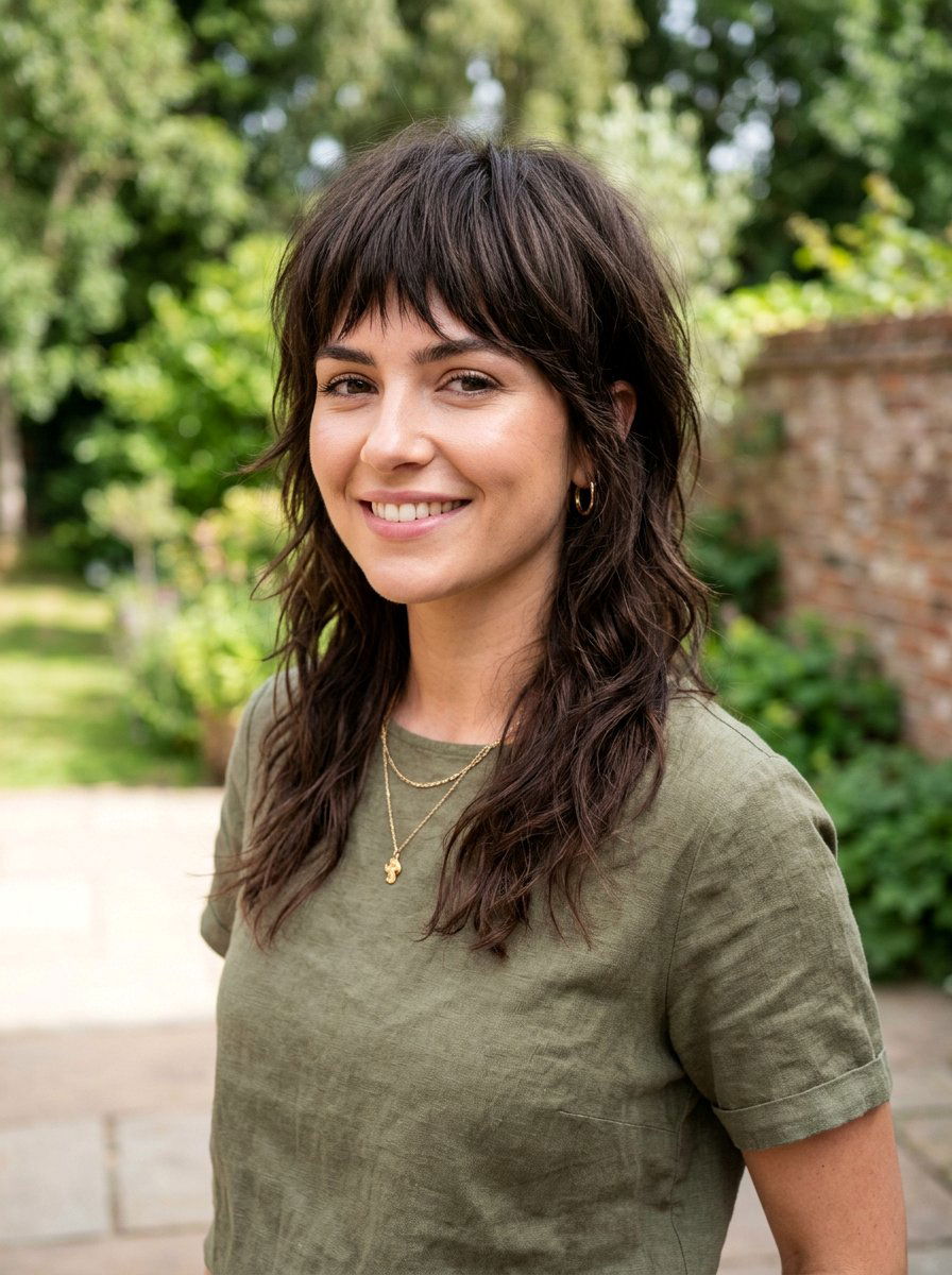 Brunette Soft Mullet with Choppy Bangs - 20 soft mullet with bangs - 20 soft mullet with bangs