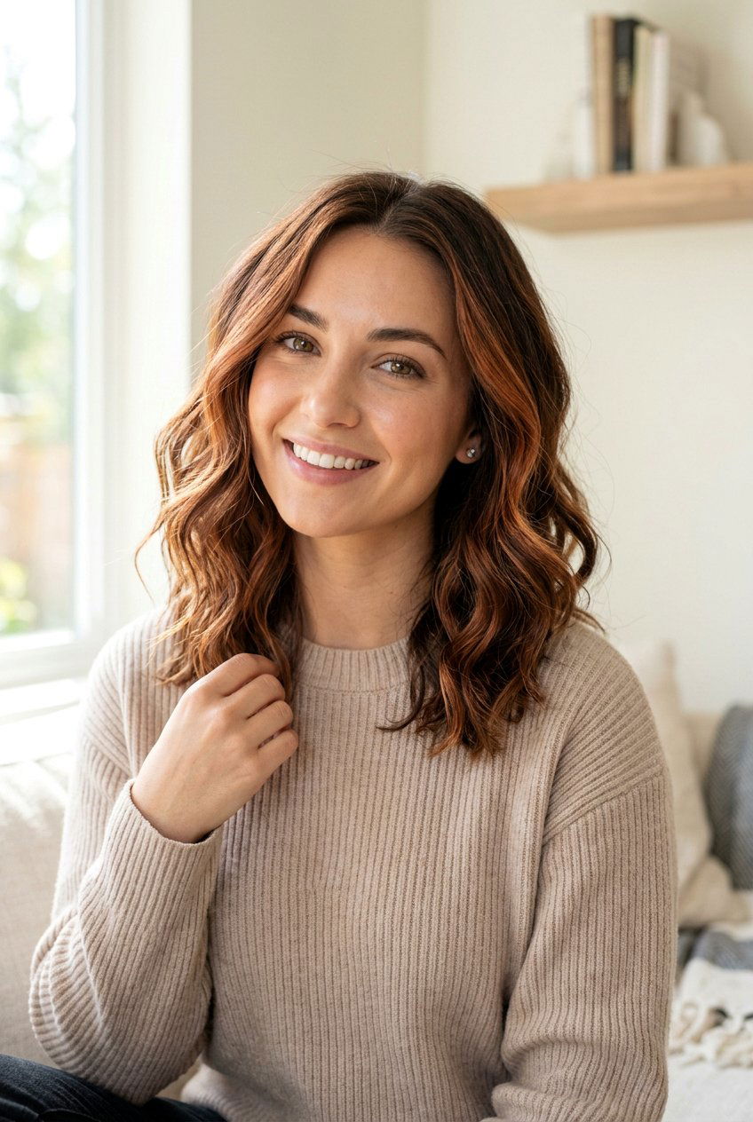 Brunette With Soft Copper Highlights - 20 natural brunette highlights - 20 natural brunette highlights