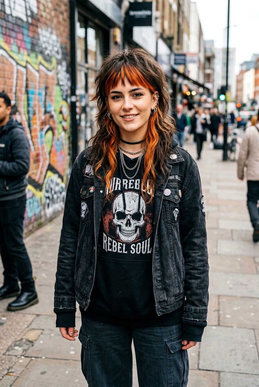 Brunette Wolf Cut With Copper Money Piece - 20 brunette hair with copper money piece - 20 brunette hair with copper money piece