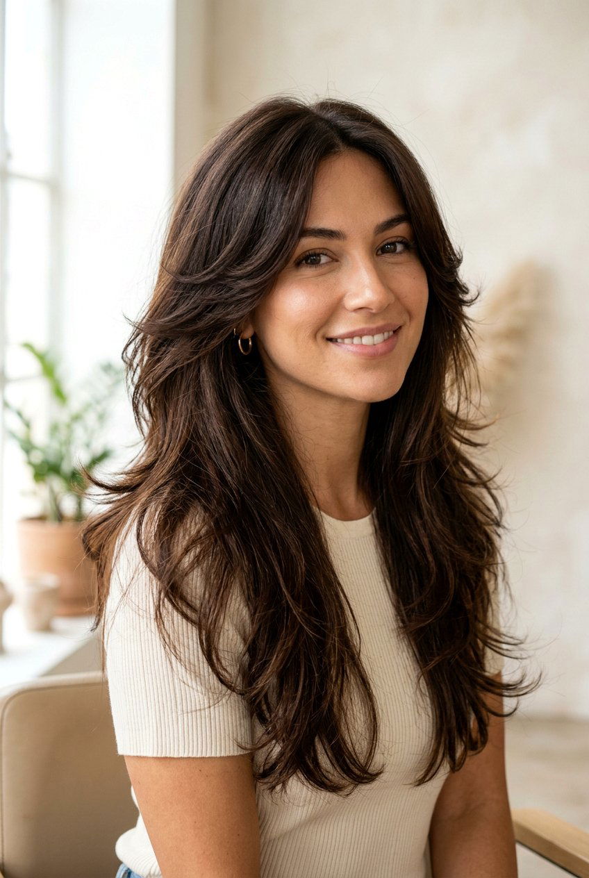 Brunette feather cut long hair - 20 feather cut for long hair - 20 feather cut for long hair