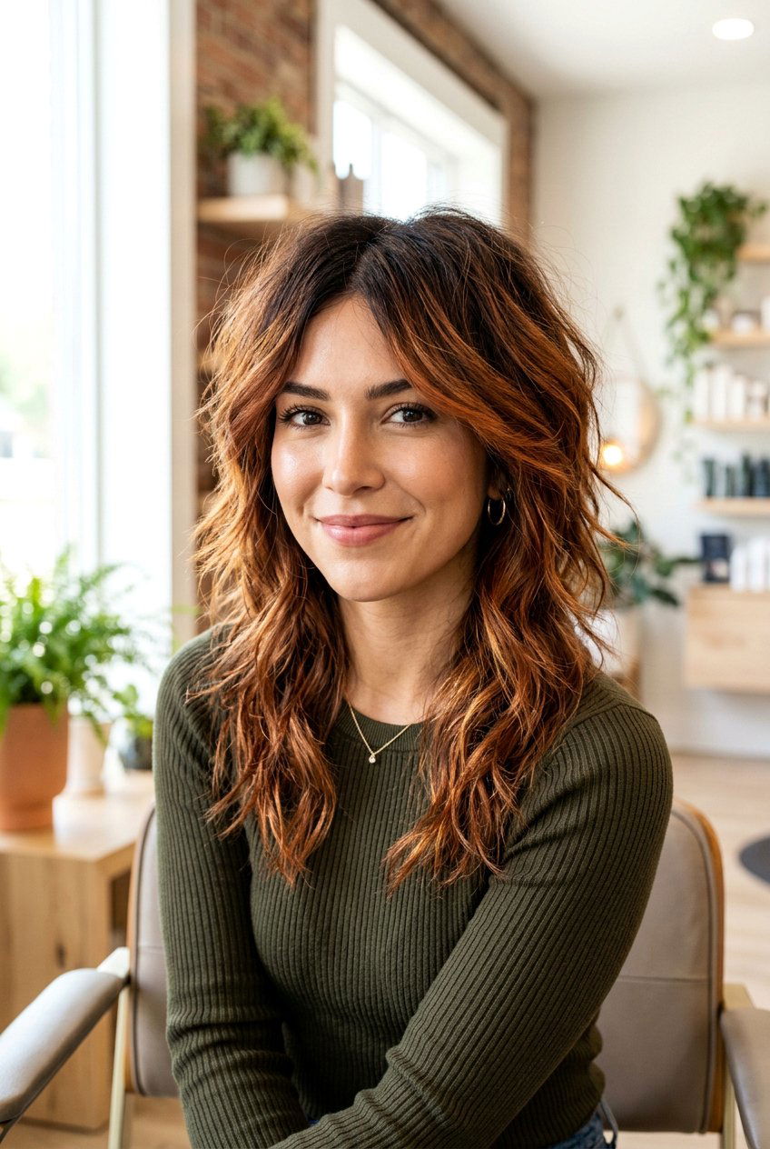 Brunette shoulder length shag with copper tones - 20 shoulder length shag haircut - 20 shoulder length shag haircut