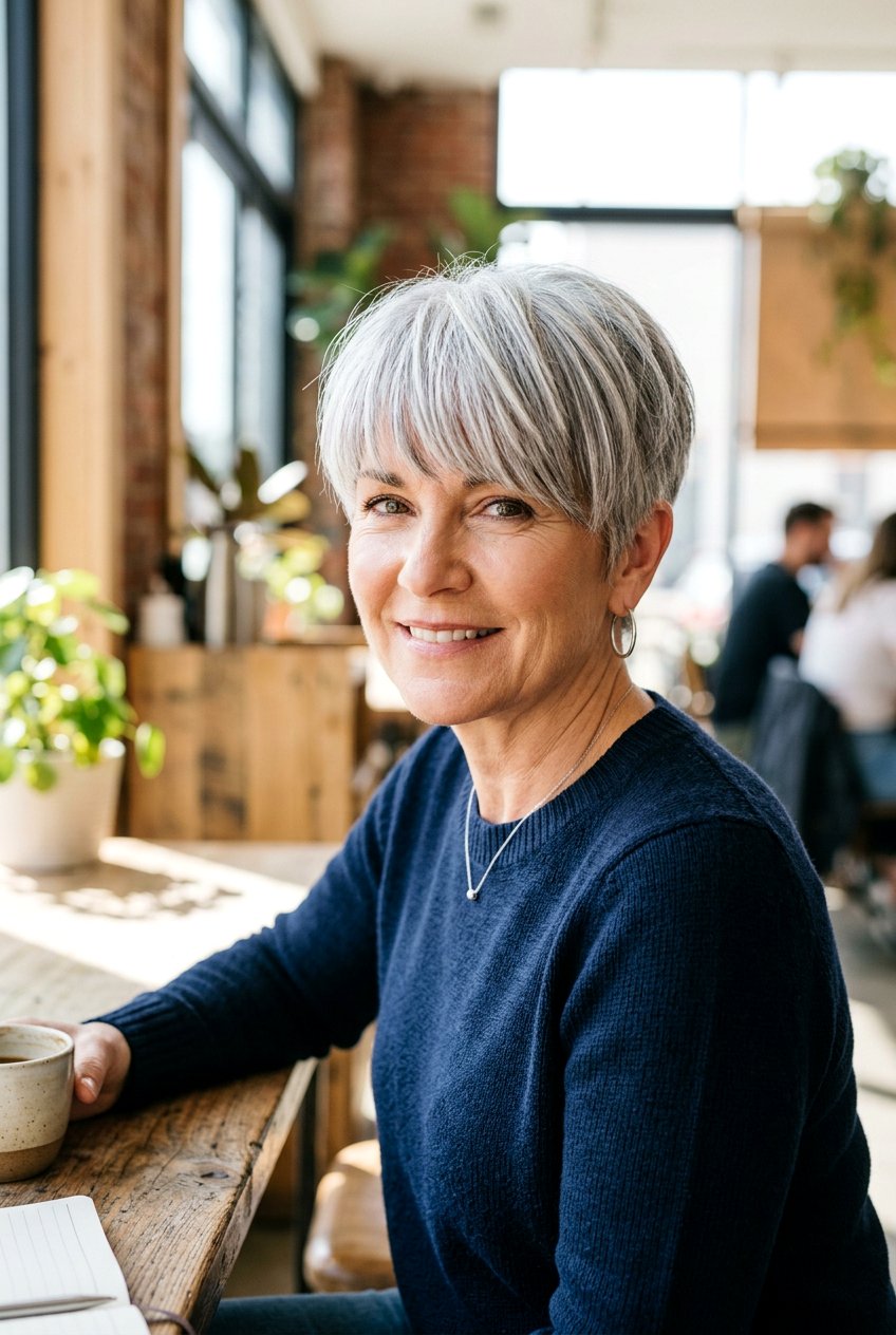 Brushed forward silver pixie - 20 gray pixie haircut - 20 gray pixie haircut