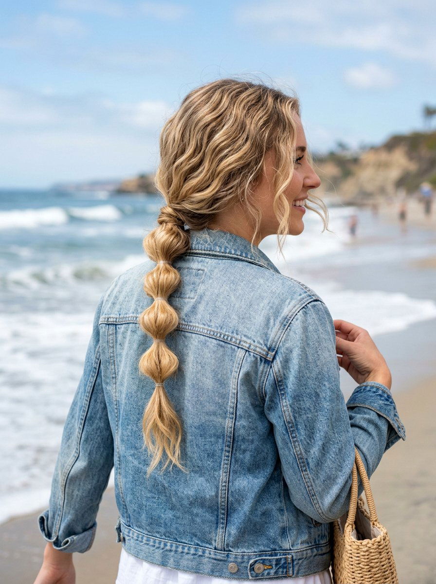 Bubble Braid Low Beach Waves - 20 vacation hairstyle with low beach waves - 20 vacation hairstyle with low beach waves