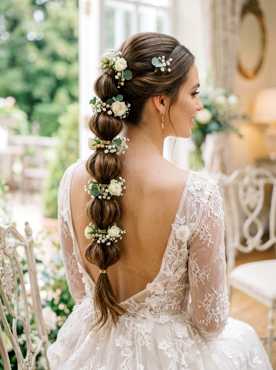 Bubble Braid With Floral Rings - 20 wedding hairstyles with flowers - 20 wedding hairstyles with flowers