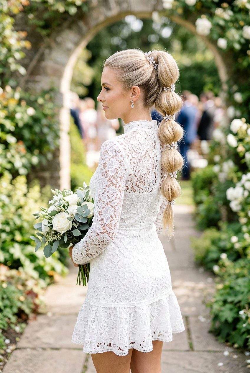 Bubble Braid With Shimmering Petal Pins - 20 bridal hairstyle with floral pins - 20 bridal hairstyle with floral pins